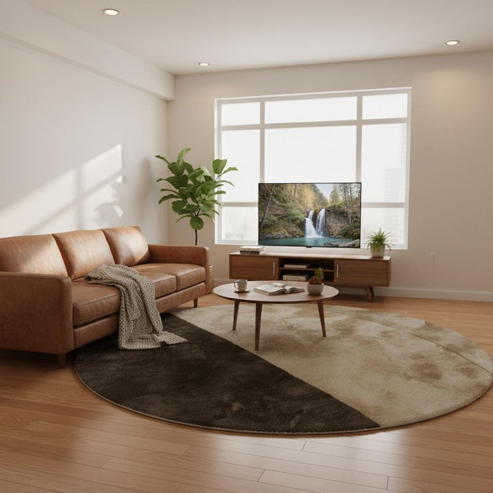 Translation missing: en.Neutral abstract round carpet under accent chair, cream and beige textured rug ideal for living room or bedroom décor