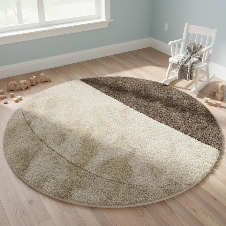 Translation missing: en.Modern minimalist rug in circular shape featuring soft two-tone color blocking, styled in elegant home interior