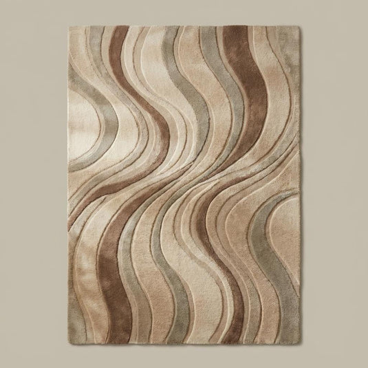 Translation missing: es.Soft textured abstract wave rug in cream and taupe tones styled with plants and retro furniture