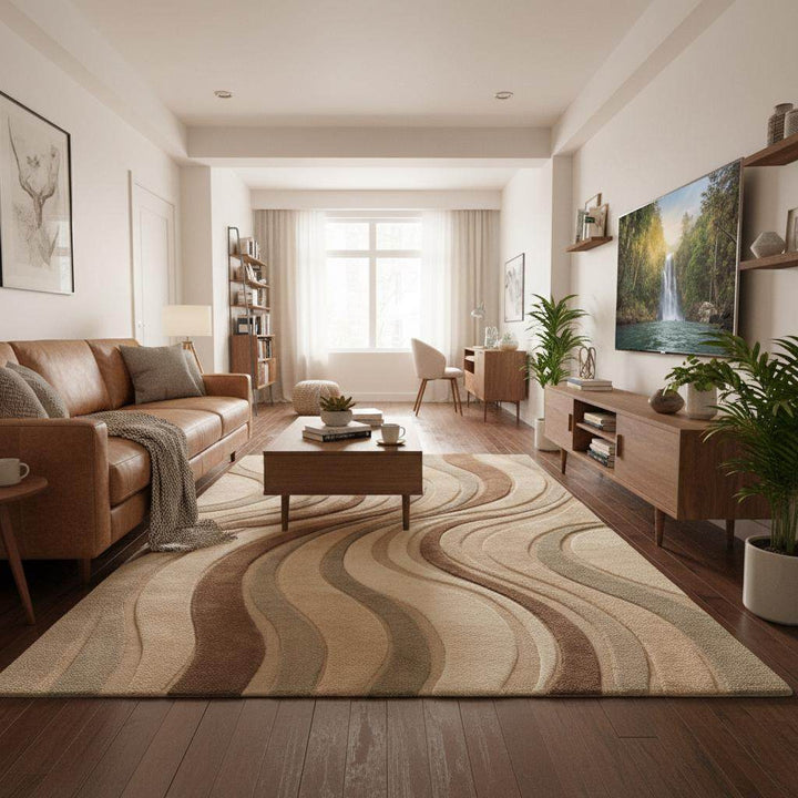 Translation missing: en.Neutral contemporary rug with flowing wave pattern adding warmth to a cozy mid century seating area