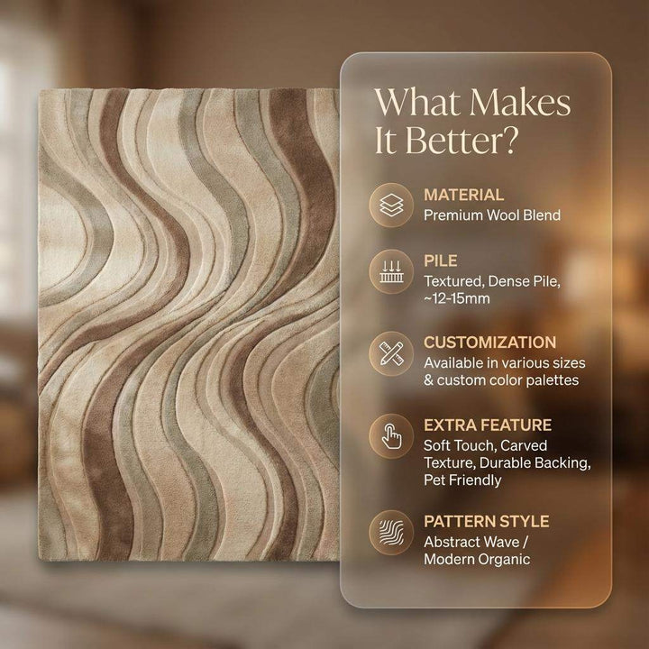 Translation missing: en.Modern sculpted wave rug in neutral earth tones with 3D carved texture and plush wool blend design