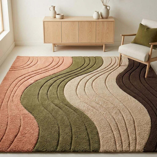 Translation missing: en.Beige modern wavy area rug with plush high pile and textured wave pattern for living room decor