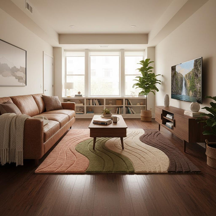 Translation missing: en.Modern boho area rug with sculpted wave pattern in warm natural colors, adding depth and comfort to a bright living space