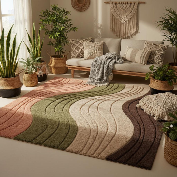 Translation missing: en.Soft 3D tufted carpet with flowing abstract lines, earth tone palette, and high-pile texture enhancing a clean minimalist home interior