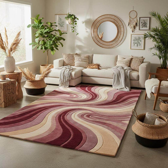 Translation missing: es.Mid-century inspired area rug with soft sculpted pile and bold swirling design adding movement and texture to a modern home interior