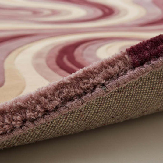 Translation missing: es.Retro Swirl Rug with sculpted 3D pile and abstract vintage pattern in burgundy, mauve, cream, and gold tones
