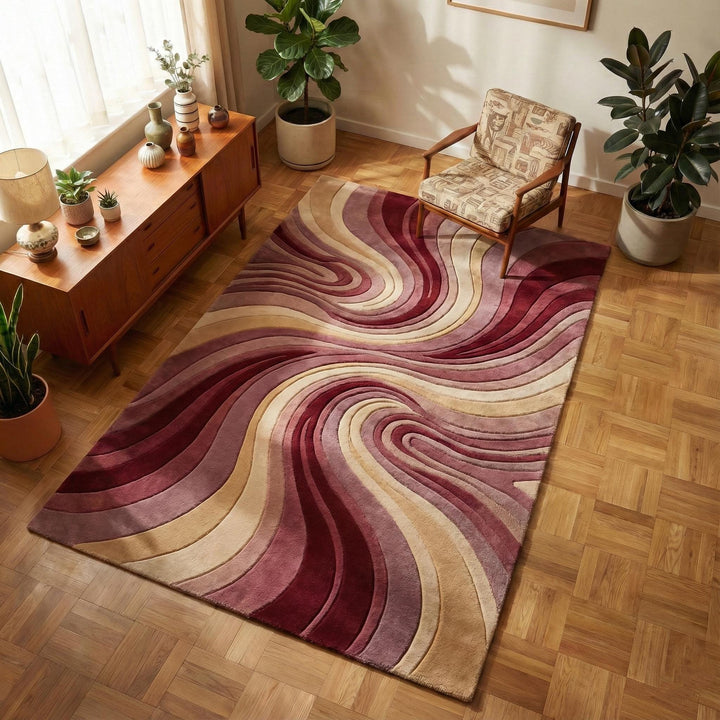 Translation missing: es.Retro Swirl Rug with abstract vintage swirl pattern and plush 3D pile carpet in burgundy and gold tones