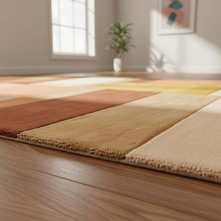 Translation missing: es.Mid century rug with geometric color block design in warm ochre, clay, and rust tones for modern living rooms