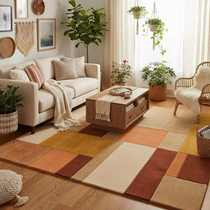 Translation missing: es.Soft textured geometric carpet featuring warm neutral shades enhancing a mid-century modern interior with plants and wood décor