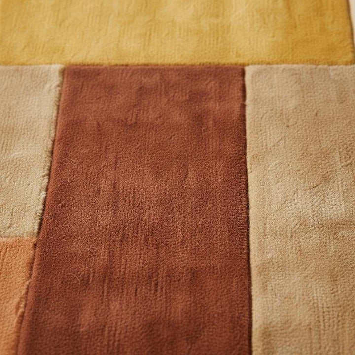 Translation missing: es.Mid century rug with geometric color blocks in warm ochre, rust, and sand tones for modern living rooms