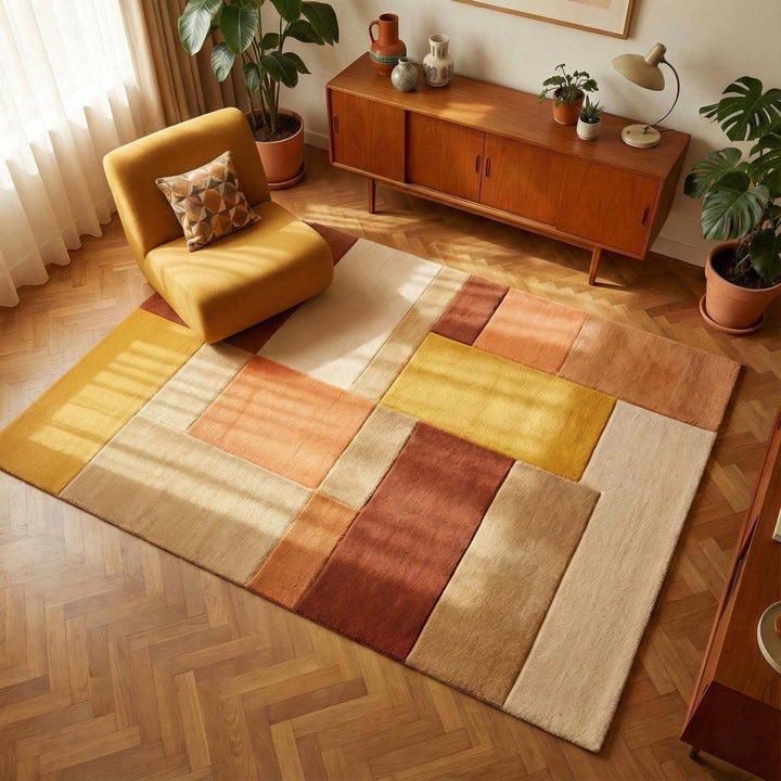 Translation missing: es.Mid century rug with geometric color block design in warm ochre, rust, and sand tones for modern living rooms