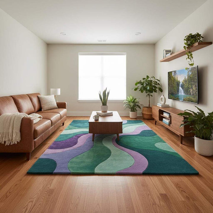 Translation missing: en.Soft plush contemporary rug with swirling wave design styled with indoor plants and minimalist décor