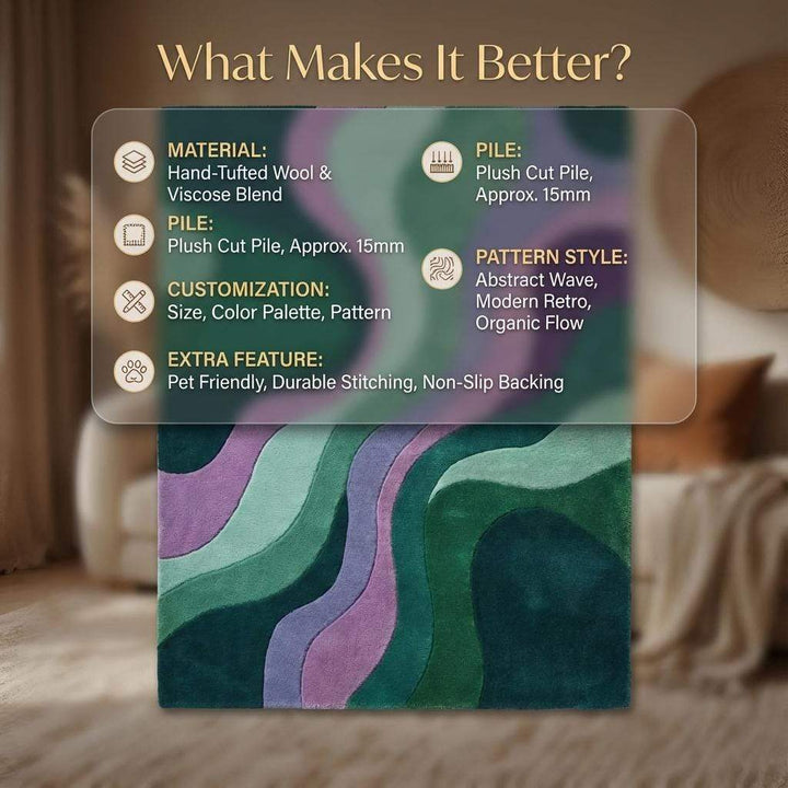 Translation missing: en.Modern wavy area rug with retro green and purple abstract pattern, plush durable carpet for living room decor
