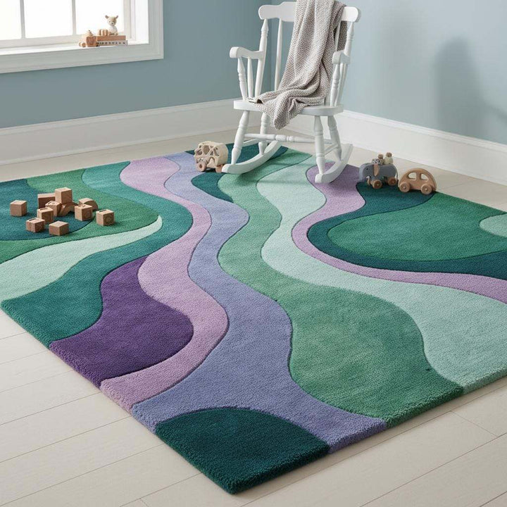 Translation missing: en.Green and purple abstract area rug enhancing a bright modern living room with natural light and warm wood flooring