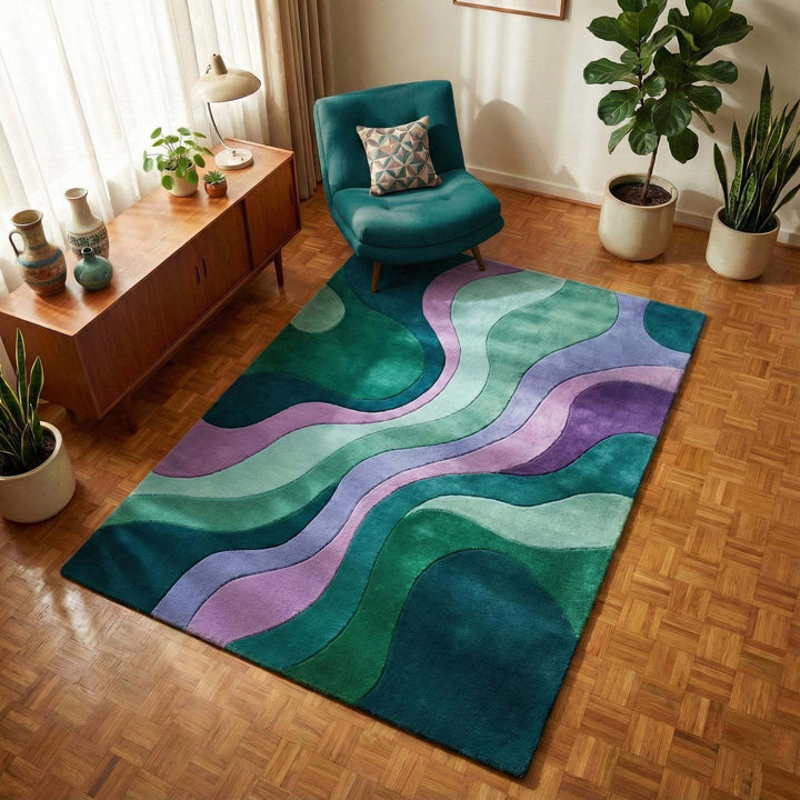 Translation missing: en.Modern wavy area rug with retro green and purple abstract design, plush and durable carpet for stylish living spaces