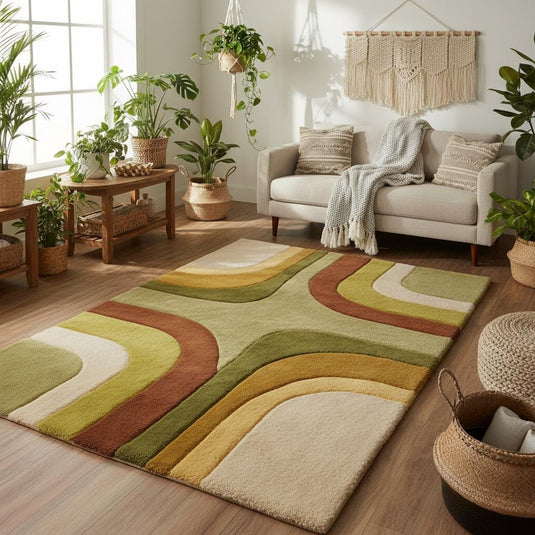 Translation missing: es.Colorful mid-century accent carpet with bold curved shapes displayed on parquet flooring with natural light and greenery