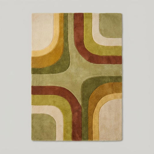 Translation missing: es.Soft geometric 70s style rug featuring warm earthy tones, placed beneath a mustard chair in a modern retro home interior