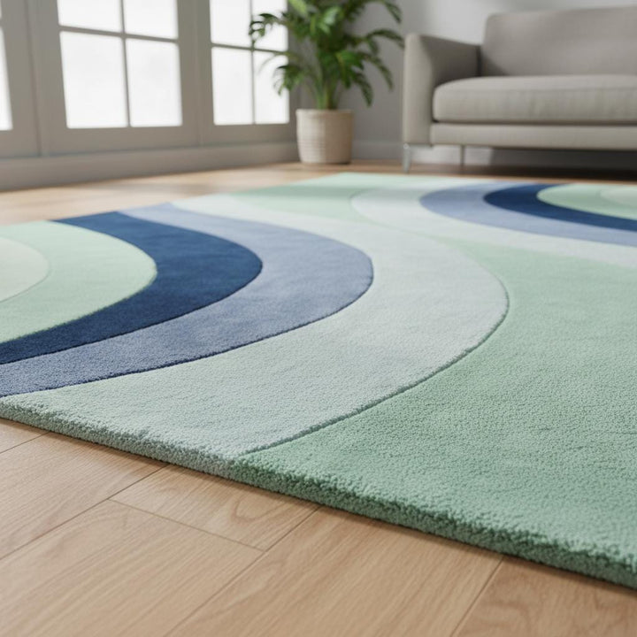 Translation missing: en.Modern abstract wave rug with sculpted pile, soft plush texture, and calming blue-green tones for stylish living spaces