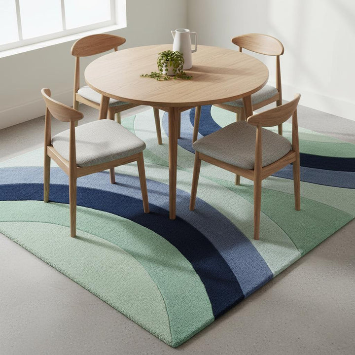 Translation missing: en.Soft decorative area carpet in mint and navy waves, adding modern artistic flair to a living room interior