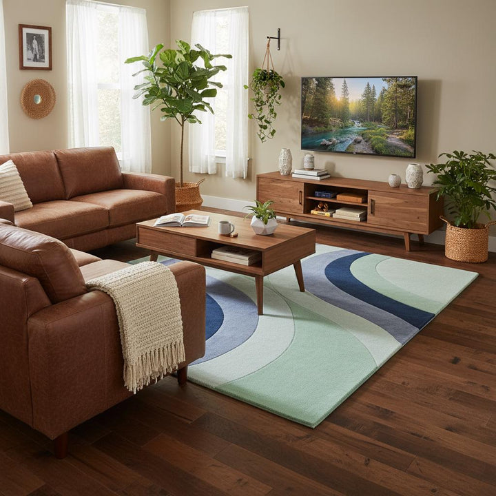 Translation missing: en.Luxury soft area rug featuring curving abstract lines in multiple blue shades, creating a calm and modern atmosphere