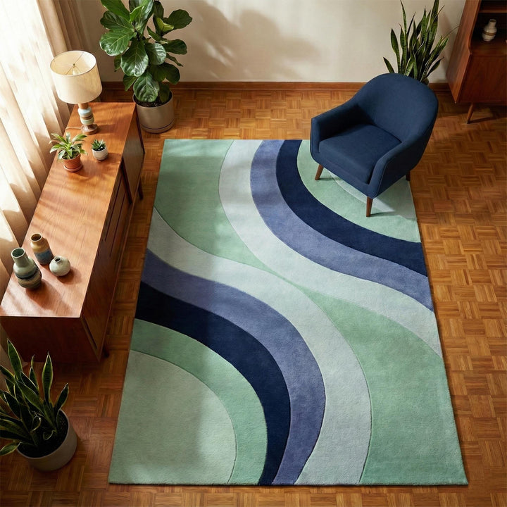 Translation missing: en.Modern abstract wave rug with sculpted pile in mint, navy, and blue tones, soft plush comfort, fade resistant, pet-friendly backing, and hand-carved texture for contemporary home decor