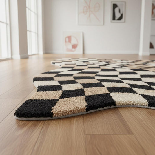 Translation missing: es.Modern wavy checkered rug in black and beige with optical illusion pattern and plush high pile texture