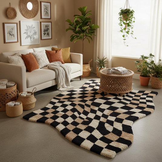 Translation missing: es.Black and beige distorted checkerboard area rug adding a bold artistic look to a contemporary curved sofa living space