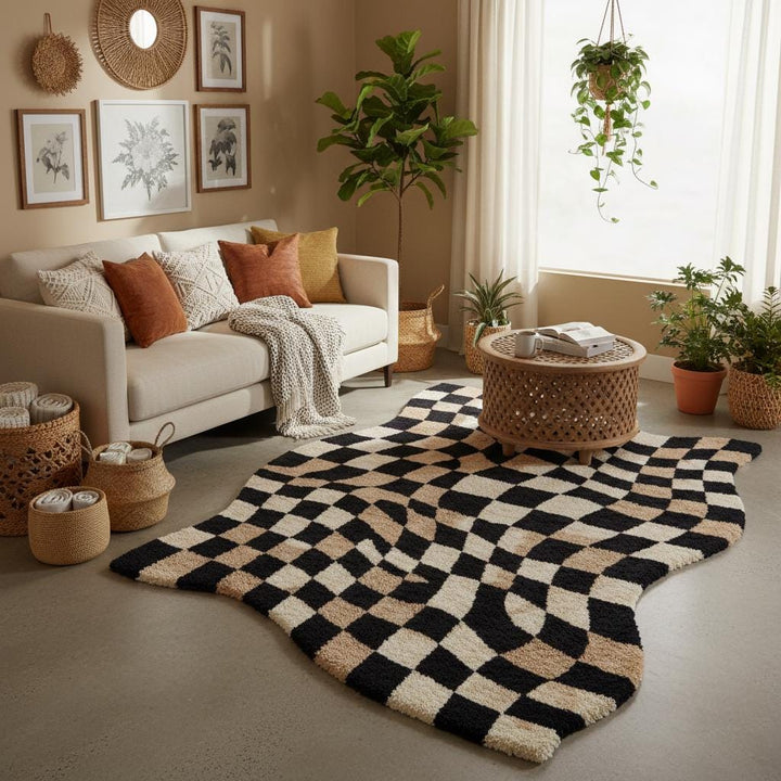 Translation missing: es.Black and beige distorted checkerboard area rug adding a bold artistic look to a contemporary curved sofa living space