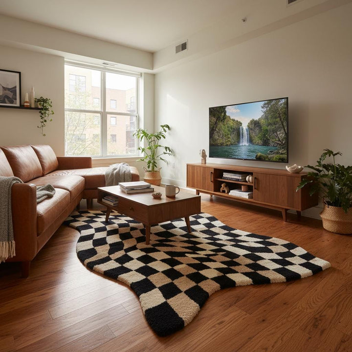 Translation missing: es.Retro-inspired wavy patterned rug creating movement and visual interest in a clean, minimalist living room setting
