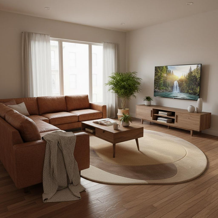 Translation missing: en.Modern sculpted texture rug with organic flowing shapes styled in a warm minimalist room