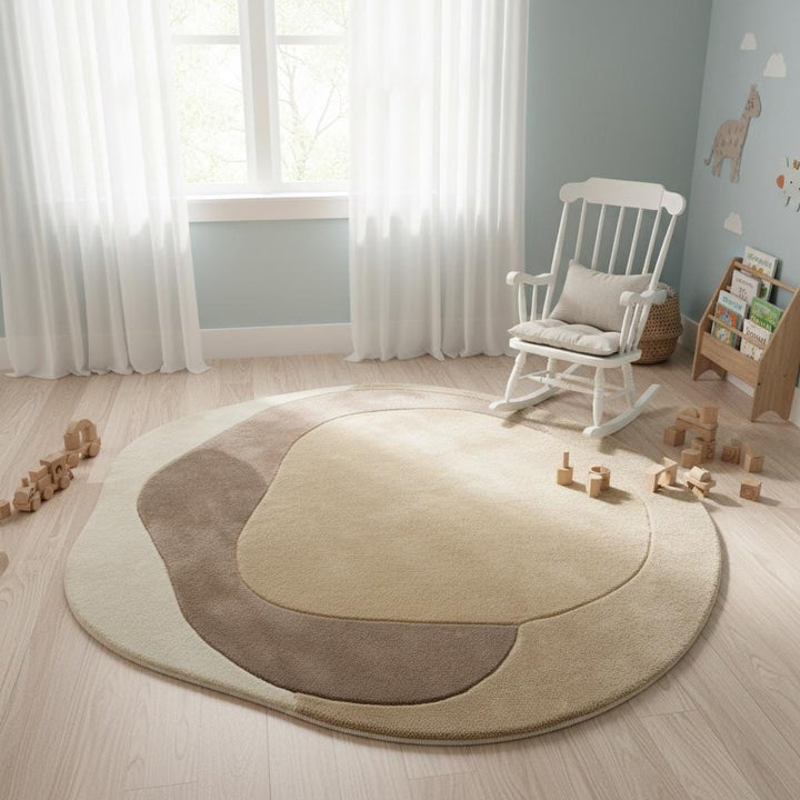 Translation missing: en.Modern abstract rug with organic shape, plush beige taupe tones, anti-slip backing for living room and bedroom decor