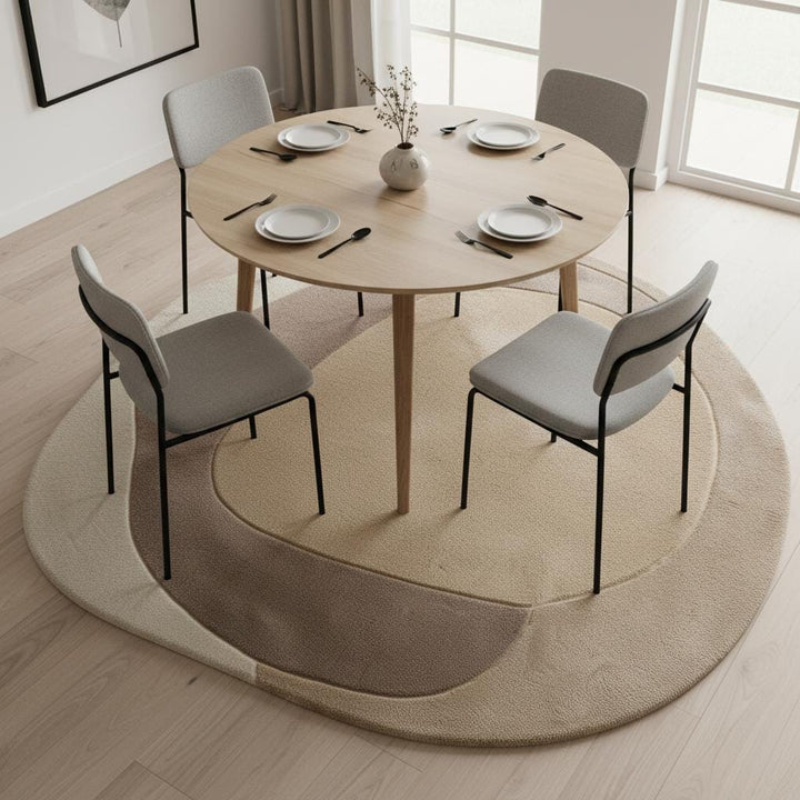 Translation missing: en.Neutral aesthetic abstract carpet featuring curved patterns in cream, beige, and taupe hues