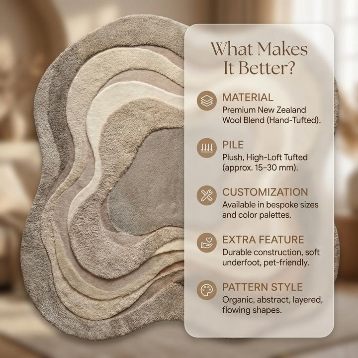 Translation missing: en.Neutral beige organic wavy area rug with textured layered design and soft plush surface