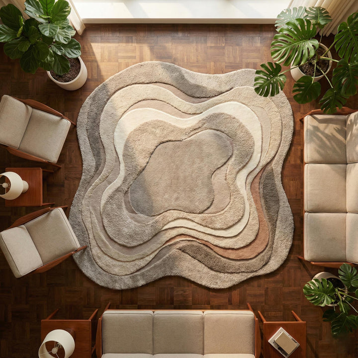 Translation missing: en.Neutral beige organic wavy area rug with textured layered design and soft plush surface