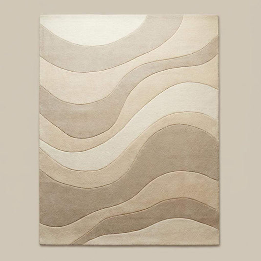 Translation missing: es.Textured beige and cream rug featuring flowing wave pattern placed under a light wood coffee table in a clean contemporary home
