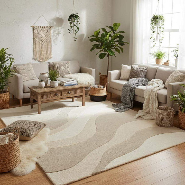 Translation missing: en.Soft neutral wave-pattern area rug on wood flooring in a bright Japandi-style interior with simple modern décor