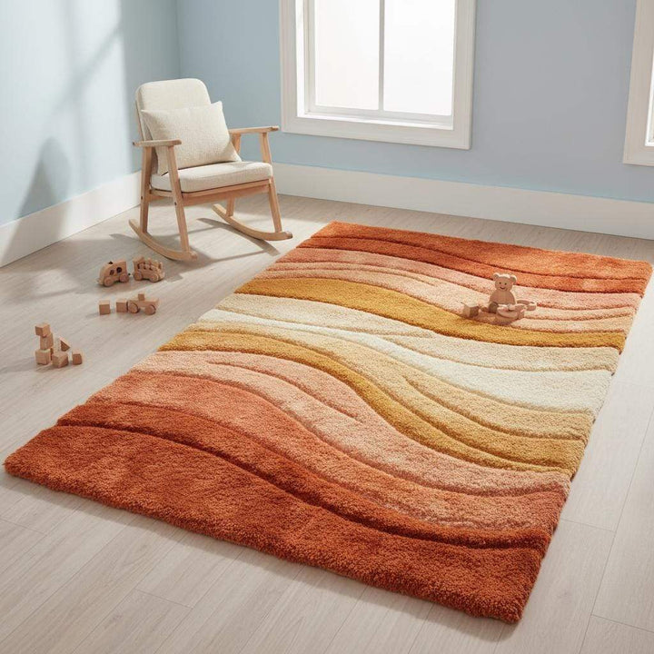 Translation missing: en.Abstract modern area rug with organic wave pattern, tufted surface and earthy color palette for stylish home decor