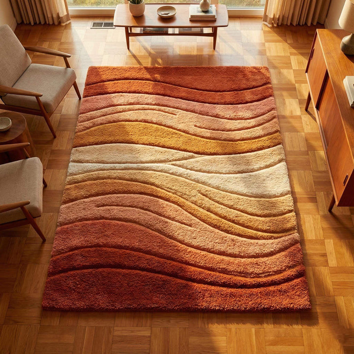 Translation missing: en.Mid century modern rug with sculpted wave design in earth tone colors, plush tufted fibers, and retro boho style