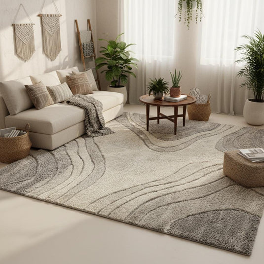 Translation missing: es.Textured neutral living room rug with organic wave design and plush high-low pile