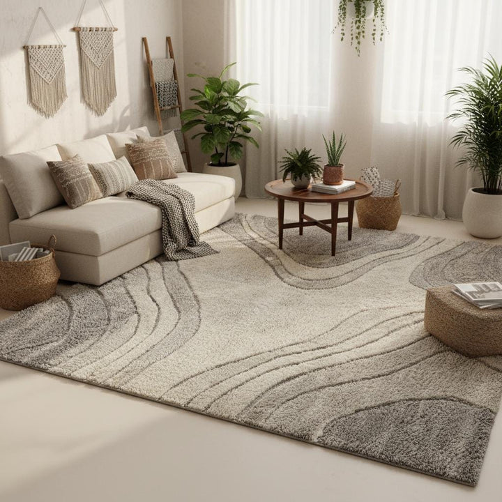 Translation missing: en.Textured neutral living room rug with organic wave design and plush high-low pile