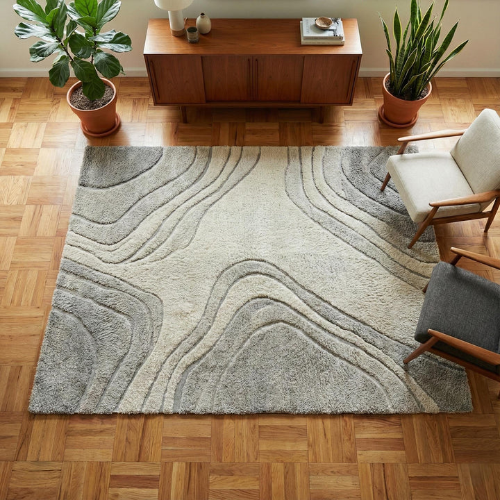 Translation missing: en.Modern abstract rug with neutral tones and organic contour pattern in a living room setting