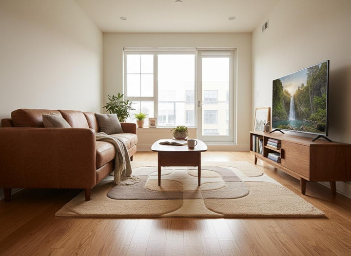 Translation missing: en.Modern minimalist area rug with curved geometric design and warm neutral palette on wood flooring