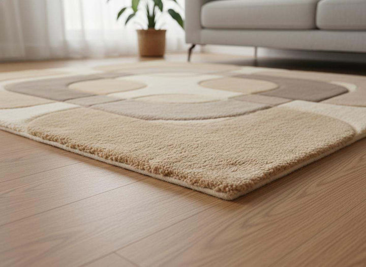 Translation missing: en.Mid century modern rug with neutral beige taupe geometric pattern and plush texture