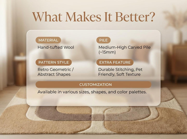 Translation missing: en.Mid century modern rug with neutral beige taupe geometric pattern and plush texture for living room decor