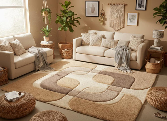 Translation missing: en.Abstract mid century rug featuring soft cream, sand, and taupe colors styled in a cozy living room