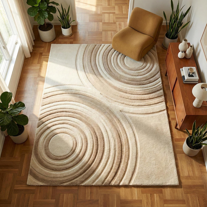 Translation missing: es.Modern beige neutral area rug with sculpted circle texture, soft plush and durable carpet for minimalist and Japandi style rooms