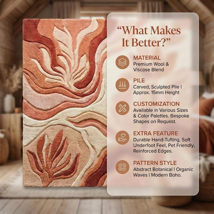 Translation missing: es.Abstract boho rug with textured floor and neutral terracotta tones featuring organic leaf design