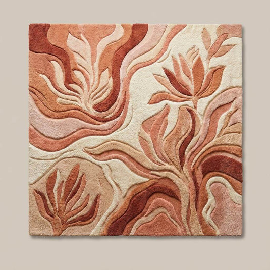 Translation missing: es.Boho living room rug with sculpted high low pile design in blush rust and beige palette