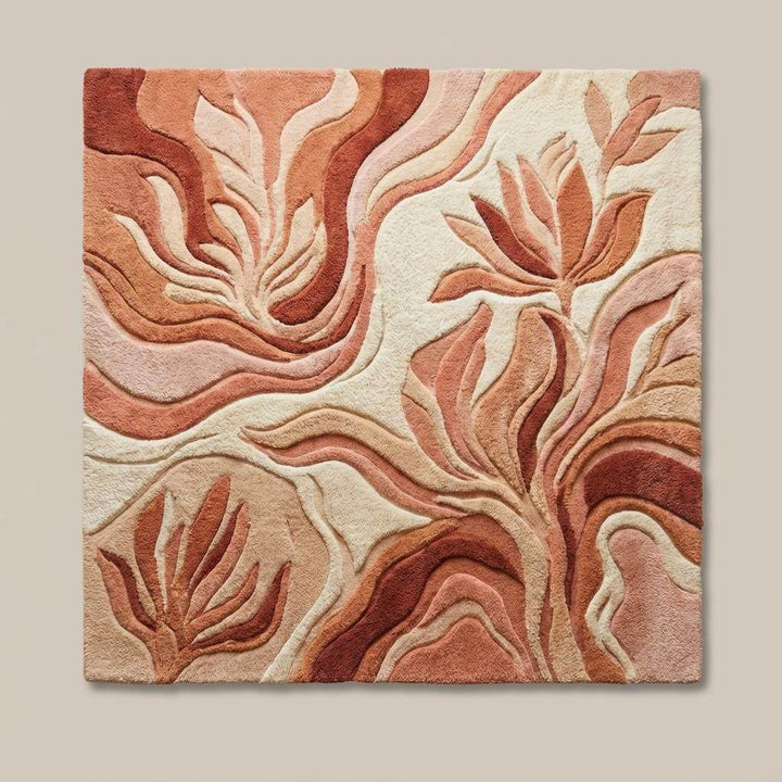 Translation missing: es.Boho living room rug with sculpted high low pile design in blush rust and beige palette