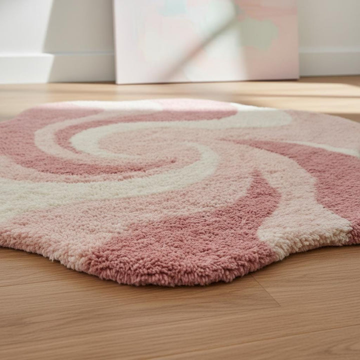 Translation missing: en.Pink abstract rug with irregular shape and wavy swirl pattern on plush shag material